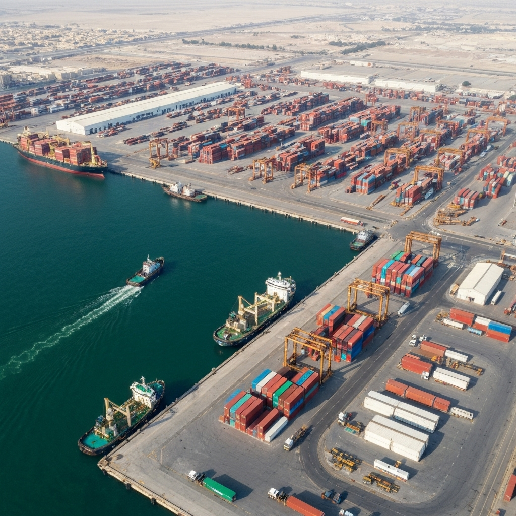 Dubai port and logistics operations showing import/export activities
