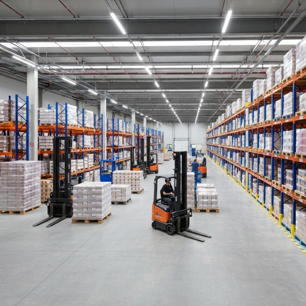 Modern warehouse and distribution center with organized inventory